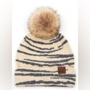 C.C Womens Cream and Black Striped Beanie with Pom Pom